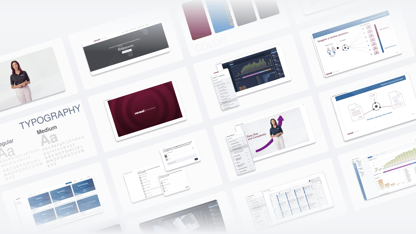 Reveal certification program design collage featuring Brainwaves virtual training portal, typography specimens, color palette, dashboard UI, machine learning diagrams, certification paths, and training module screens